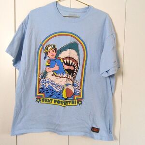 Steven Rhodes Vintage Mens XL Tshirt Stay Positive Funny Shark Blue Swimmer